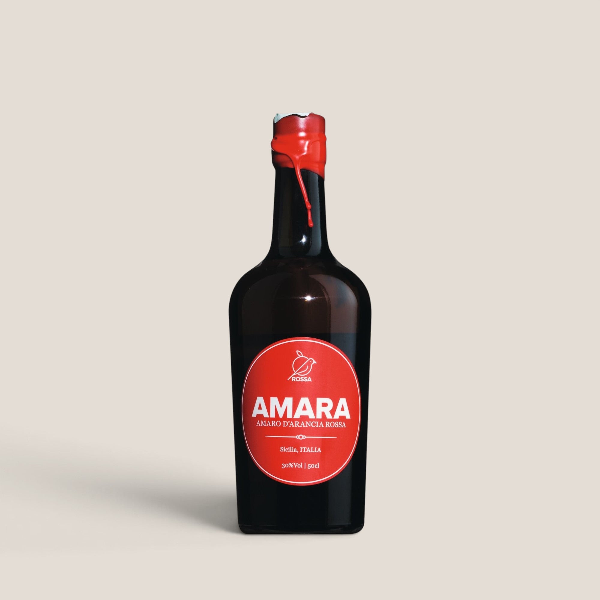 Dunkle Flasche Amara von Rossa mit rotem Siegellack, sizilianischer Bitterlikör aus Blutorangen, 0,5 Liter