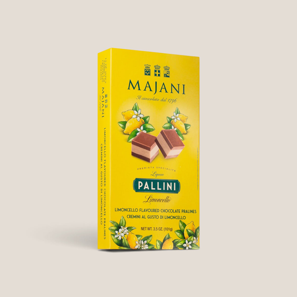 SPLENDIDO Dadi Limoncello von Majani, Schichtpralinen mit Limoncellocreme und Zitronenöl der Amalfiküste, 101 g