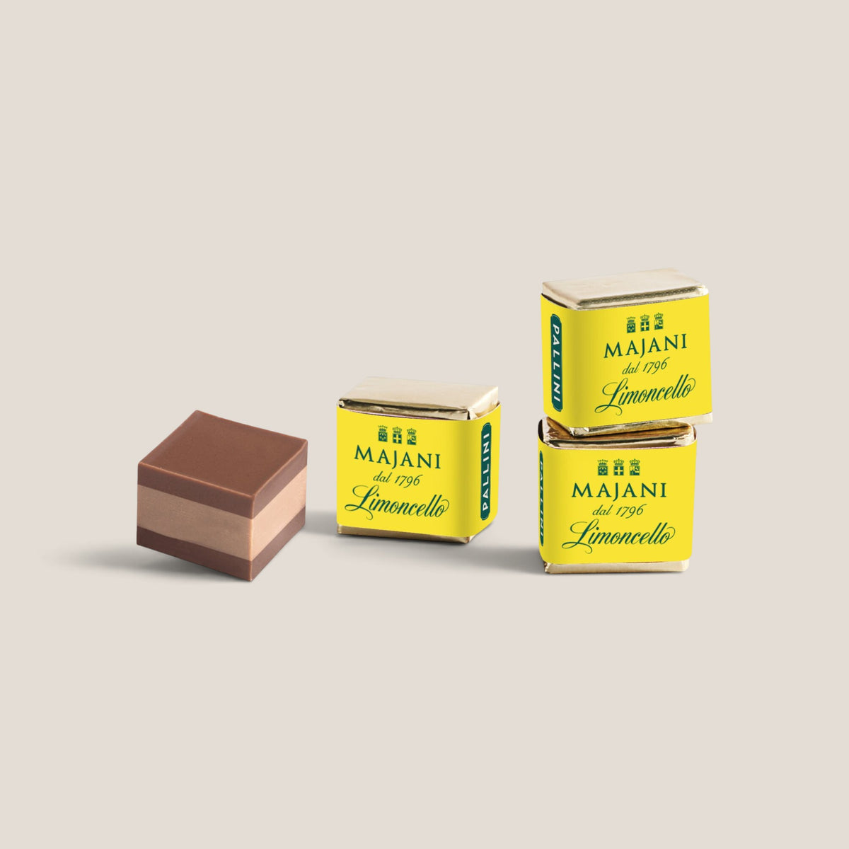Dadi Limoncello von Majani, einzelne Schichtpralinen mit Haselnuss- und Mandelcreme
