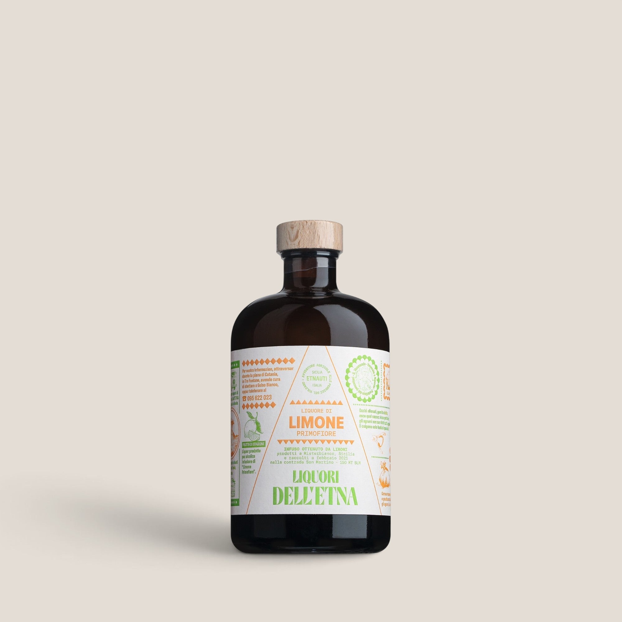 Braune Flasche Liquore di Limone Primofiore von Rossa mit Holzverschluss, sizilianischer Zitronenlikör, 0,5 Liter