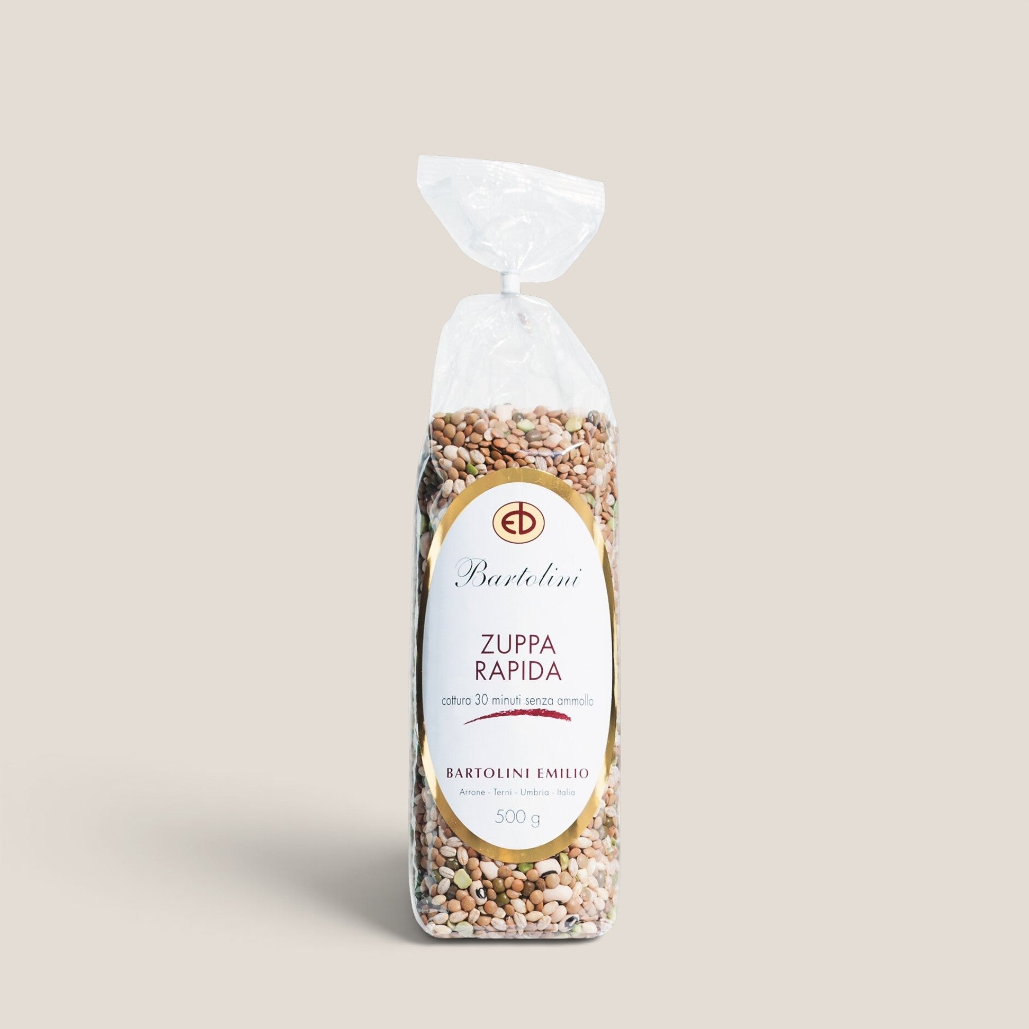 Klarsichtbeutel mit 500 g Zuppa rapida von Bartolini, umbrische Hülsenfrüchtemischung aus Linsen, Bohnen, Erbsen und Perlgraupen